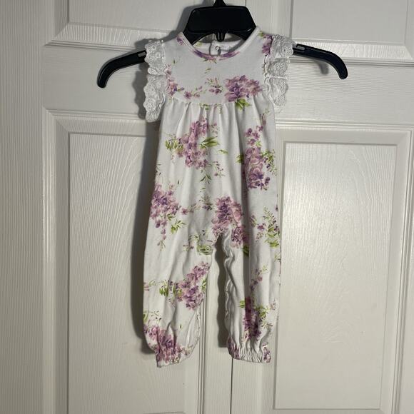 Laura Ashley Romper Baby 12 Mos White Floral Lace Ruffle Cotton One Piece Snaps - Picture 1 of 5